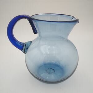 Mexican Blue Glass Margarita Juice Pitcher Iced Cold Beverage Jug Artisan Made